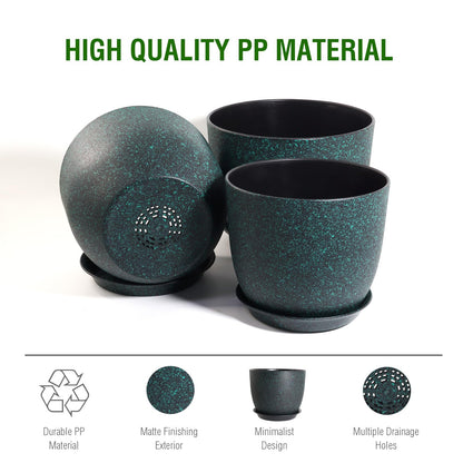 UOUZ 12/10/9 Large Modern Plant Pots, Plastic Planters with Drainage Holes and Saucers for Indoor Outdoor Plants Flowers, Black with Green Speckles