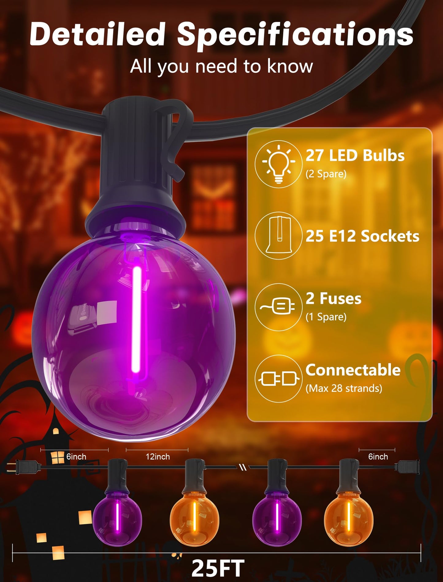 SUNSGNE G40 LED Outdoor Halloween String Lights 25FT Globe String Lights with 27 LED Shatterproof Clear Orange Purple Lights(2 Spare) for Patio Balcony Backyard Pergola Decor