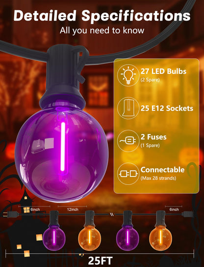 SUNSGNE G40 LED Outdoor Halloween String Lights 25FT Globe String Lights with 27 LED Shatterproof Clear Orange Purple Lights(2 Spare) for Patio Balcony Backyard Pergola Decor