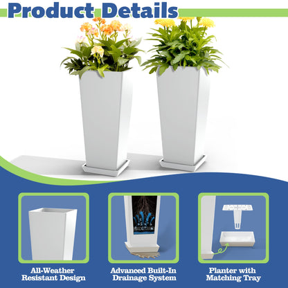 ART DEMO 23.6" Tall Outdoor Planters Large Tall Planter for Indoor or Outdoor, Set of 2 Tapered Square Flower Pots with Tray for Porch, Patio, Backyard(White)