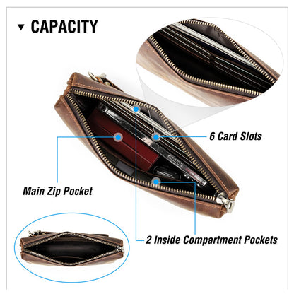 Top Grain Genuine Leather Clutch Wallet with Wristlet for Man & Woman, Handmade Simple Retro Vintage Design, Multi Pockets & Card Slots, RFID Large Capacity for Cards/ID/Checks/Banknote/Phone, Coffee