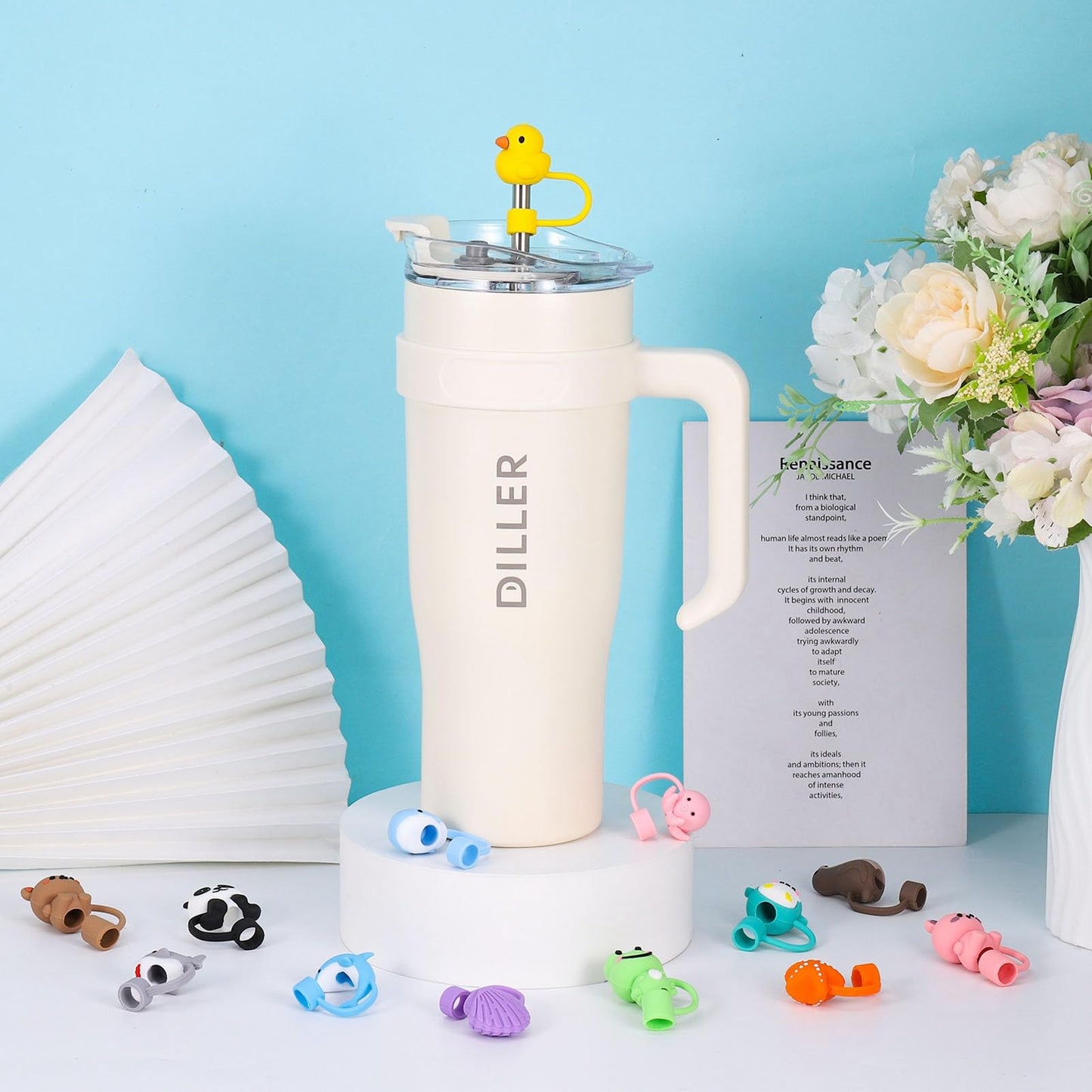 XLSXEXCL 20 Pcs Animal Straw Cover Caps Compatible with Stanley Cup, Silicone Cute Reusable Straw Toppers for Cups 30&40 Oz Tumbler Accessories 10mm
