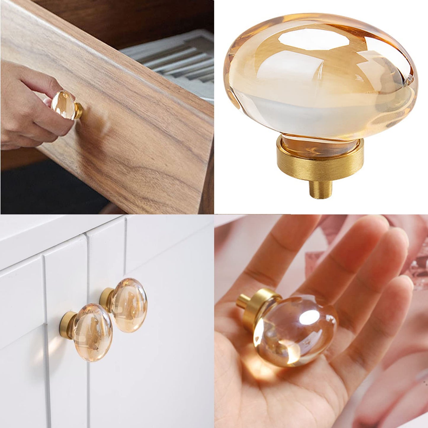 CLCTK 8 Pack Champagne Crystal Cabinet Knobs, Gold Cabinet Glass Knobs for Dresser Drawers Brass Furniture Hardware Pulls (Oval)