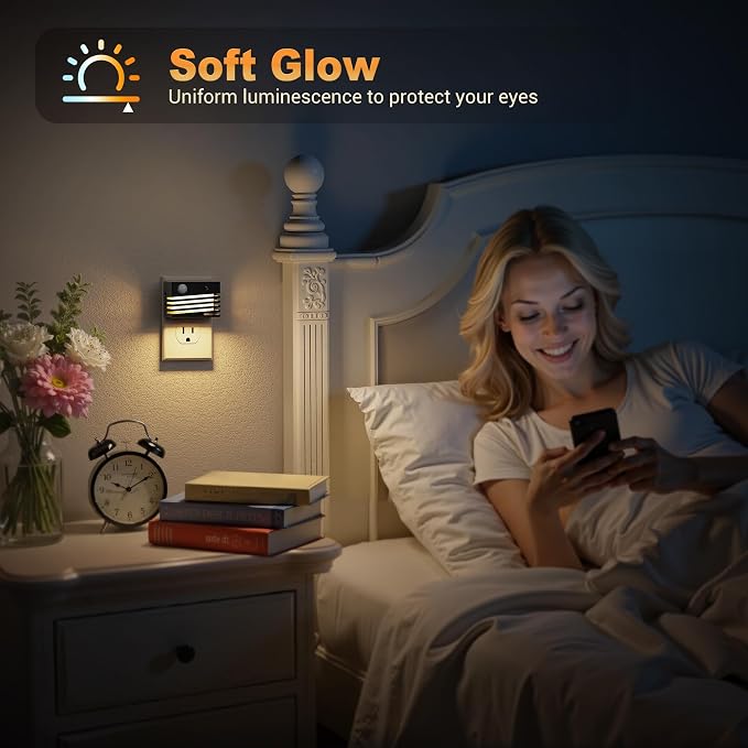 JandCase Motion Sensor Night Light, [2 Pack] Night Lights Plug into Wall, Dusk to Dawn & Motion Sensor, 3 Level Brightness Dimmable Plug in Night Light, 3000K Nightlight for Bedroom Bathroom Hallway