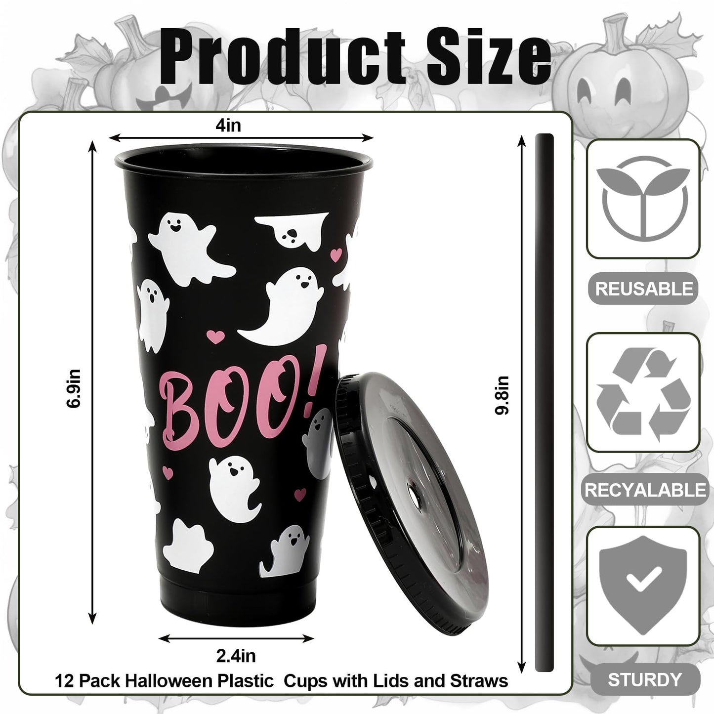 JarThenaAMCS 12Pcs Halloween Plastic Cups with Straw and Lid Cute Ghost Tumbler 24oz Boo Plastic Cups for Cold Drinks Halloween Decoration Party Favors
