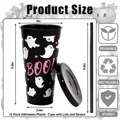 JarThenaAMCS 12Pcs Halloween Plastic Cups with Straw and Lid Cute Ghost Tumbler 24oz Boo Plastic Cups for Cold Drinks Halloween Decoration Party Favors
