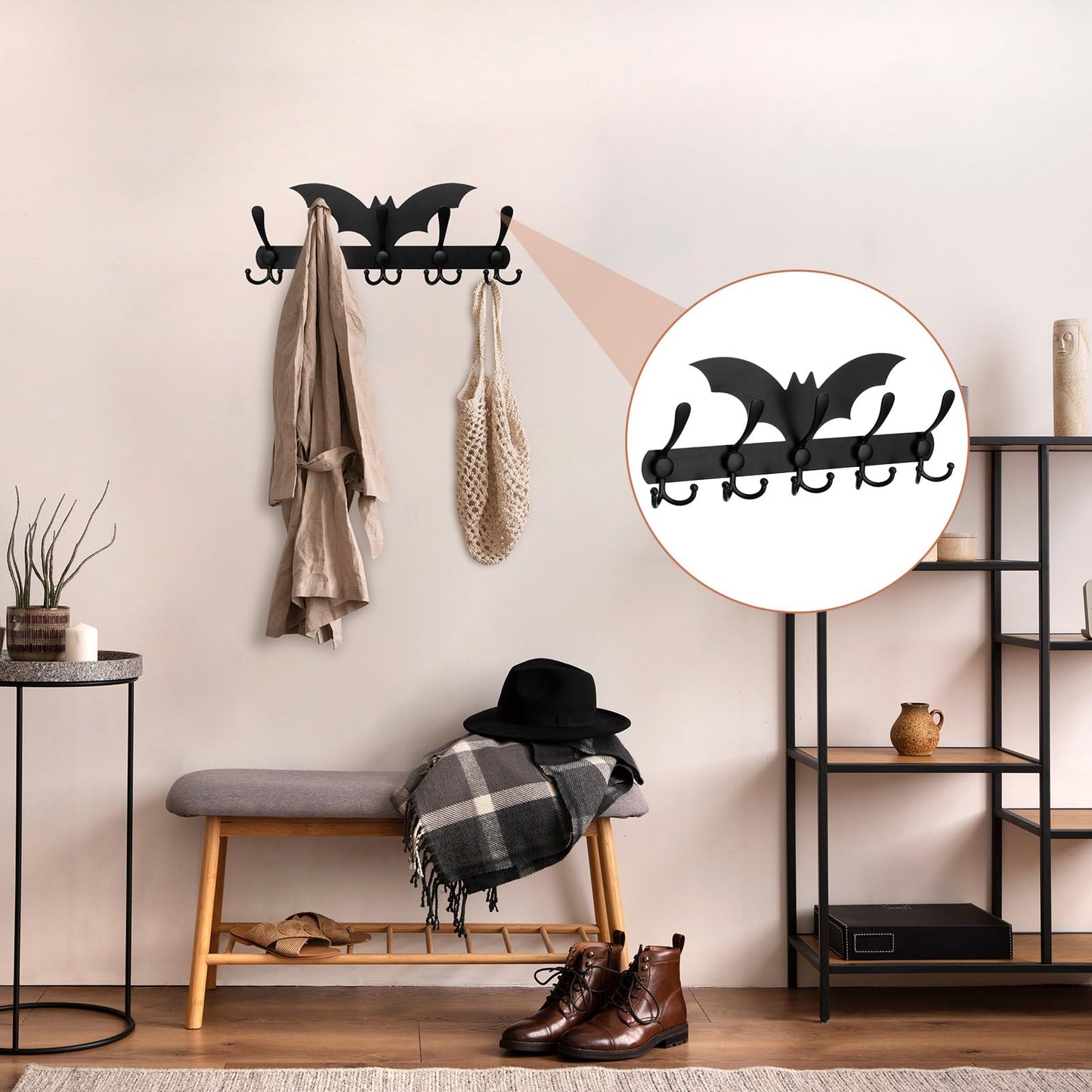 Shimeyao Coat Rack Wall Mount Halloween Christmas Gothic Home Decor Goth Key Hook Heavy Duty 5 Tri Coat Hooks Spooky Black Metal Key Holder for Entryway Hat Jacket Bag Towel Hanger Gift(Bat)
