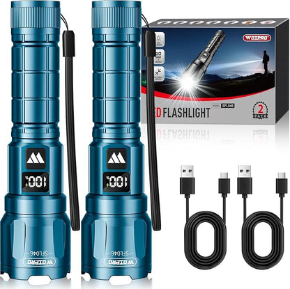WdtPro LED Rechargeable Flashlight 2 Pack, 3 Modes Super Bright High Lumens Flashlights, Zoomable Tactical Flash Light with LCD Display, IP65 Waterproof Flashlights for Home Emergency Camping - Blue
