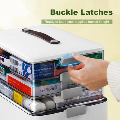 MOPALL 4-Tier Medicine Organizer Storage Box, Portable Latch Bin with Lid and Leather Handle, Cabinet Closet Organization for Home Office, Pill Bottle, First Aid, Sewing, Art, Craft