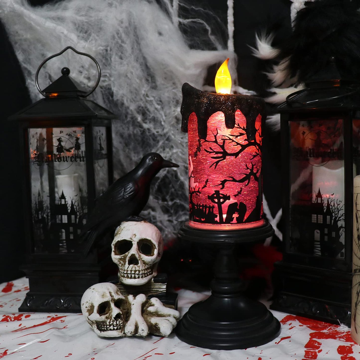 DRomance Halloween Flameless Candle Snow Globe Battery Operated with 6 Hour Timer, Purple Light Ghost Decal Water Tornado Lamp LED Candlestick Halloween Season Decor Gift 4 x 10 Inches