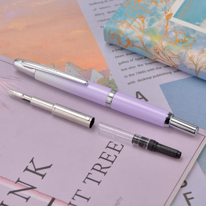 Jinhao 10 Press Fountain Pen with Box, Gradient Light Purple Retractable Extra Fine Nib with Ink Converter Set (Silver Clip)