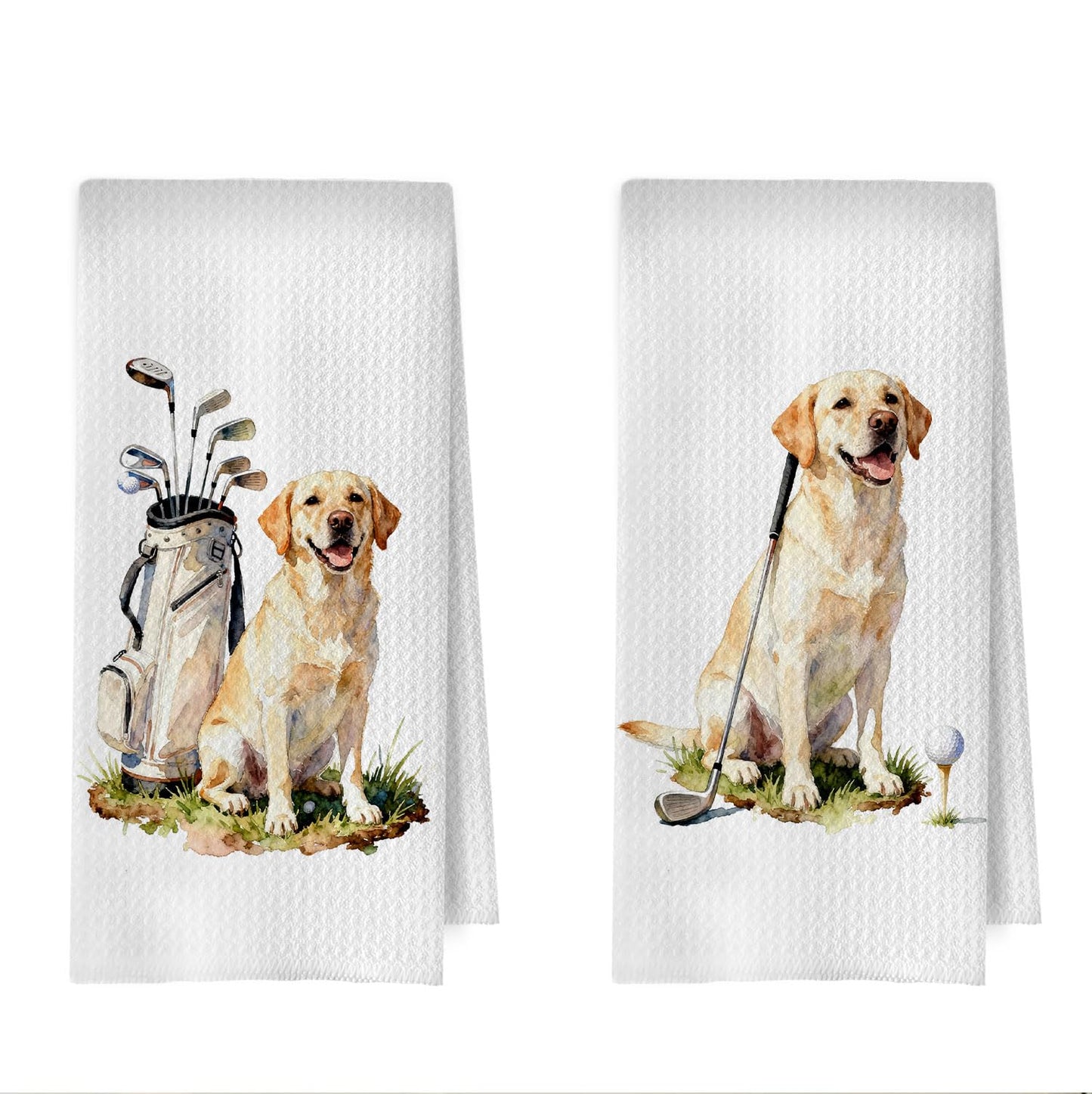 XIVENHAVM Golf Labrador Kitchen Towels Set - Yellow Lab Gifts Decorative Waffle Dish Towels, Labrador Retriever Golf Gifts Hand Towel, Sport Club Gift Tea Towel, 16×24 Inches Set of 2