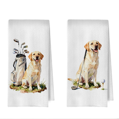 XIVENHAVM Golf Labrador Kitchen Towels Set - Yellow Lab Gifts Decorative Waffle Dish Towels, Labrador Retriever Golf Gifts Hand Towel, Sport Club Gift Tea Towel, 16×24 Inches Set of 2