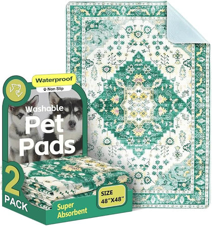 Washable Pee Pads for Dogs, 2 Pack Reusable Puppy Training Pads 48"x48" Super Absorbent Waterproof Dog Training Pads, Non-Slip Potty Pads, Whelping Pads Litter Mat Green Medallion