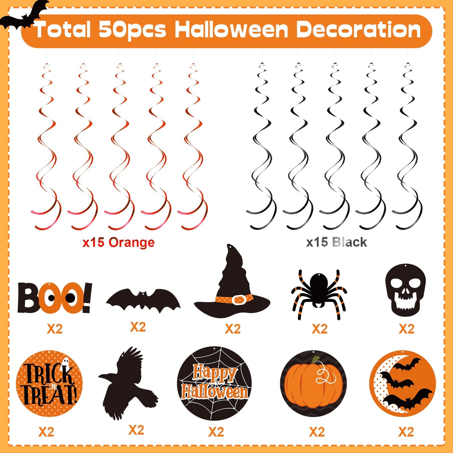 Blulu 50 Pcs Halloween Ceiling Decorations Halloween Hanging Swirl Witch Bat Boo Pumpkin and Spider Trick Foil Swirl Hanging Decorations Streamers Ceiling for Home Indoor Outdoor Party Office