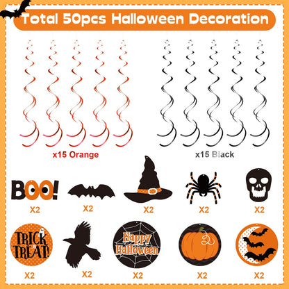 Blulu 50 Pcs Halloween Ceiling Decorations Halloween Hanging Swirl Witch Bat Boo Pumpkin and Spider Trick Foil Swirl Hanging Decorations Streamers Ceiling for Home Indoor Outdoor Party Office