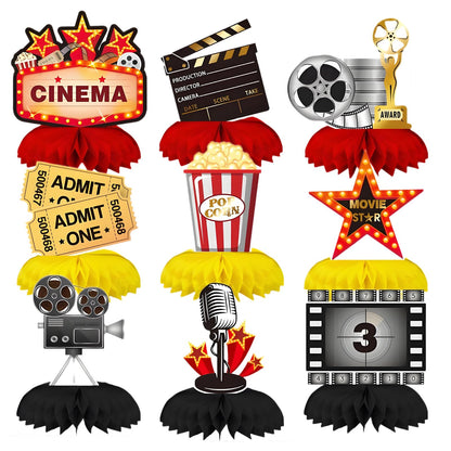 Oiuyamn 9Pcs Movie Night Party Honeycomb Centerpieces Decorations, 3D Movie Theme Birthday Table Topper, Hollywood Party Decor