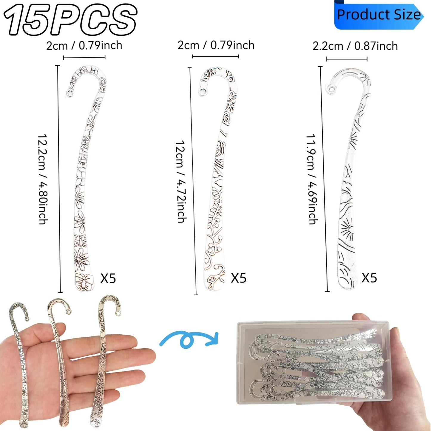 15 Pack Metal Bookmark - Silver Metal Bookmark Hairpin Hook Carved Antique Vintage with Loop Book Markers Embossed Bookmarks, Jewelry Making Charms