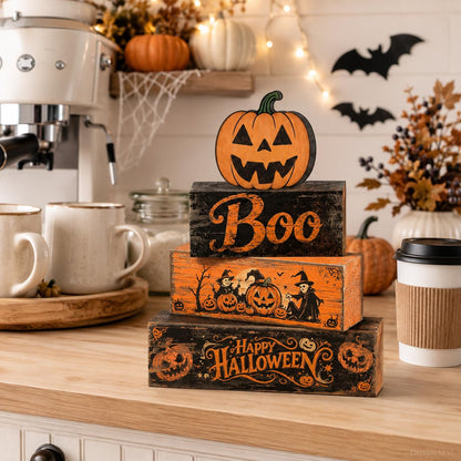 4 Pcs Halloween Decorations Scary Pumpkin Wooden Signs Farmhouse Rustic Tiered Tray Decor Boo Happy Halloween Tabletop Centerpiece for Home Kitchen Shelf Mantel
