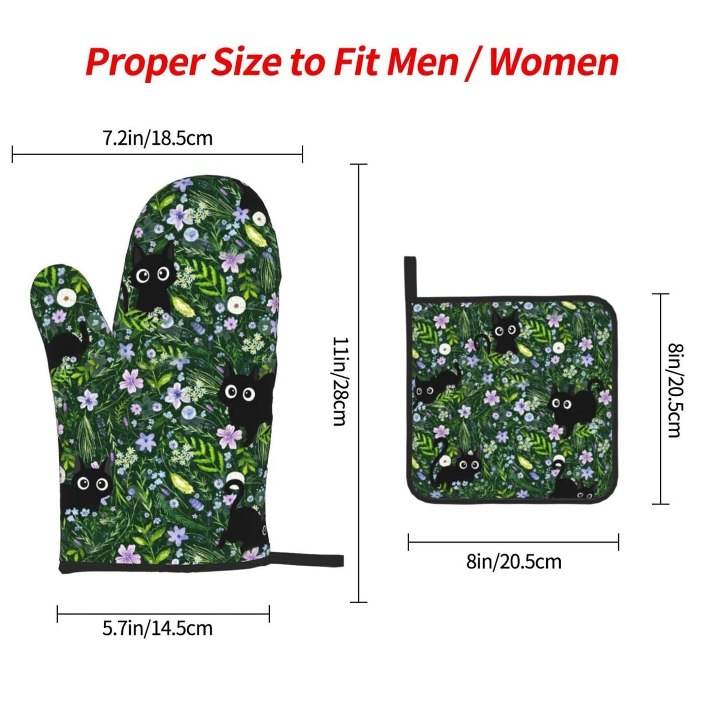 Spring Funny Black Cat Hot Pads and Oven Mitts Heat Resistant,Green Oven Gloves Pot Holders Set for Cooking Baking Grilling BBQ,Cute Cat Lover & Baking Gifts for Women