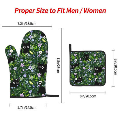 Spring Funny Black Cat Hot Pads and Oven Mitts Heat Resistant,Green Oven Gloves Pot Holders Set for Cooking Baking Grilling BBQ,Cute Cat Lover & Baking Gifts for Women
