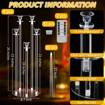 Barydat 4 Set 5 Arms Acrylic Candelabra Centerpieces for Wedding, Clear Candlesticks Holders with 20 LED Candles 2 Remote Timer 22 Rubber Candle Rings for Halloween Christmas Party Dinner Decoration