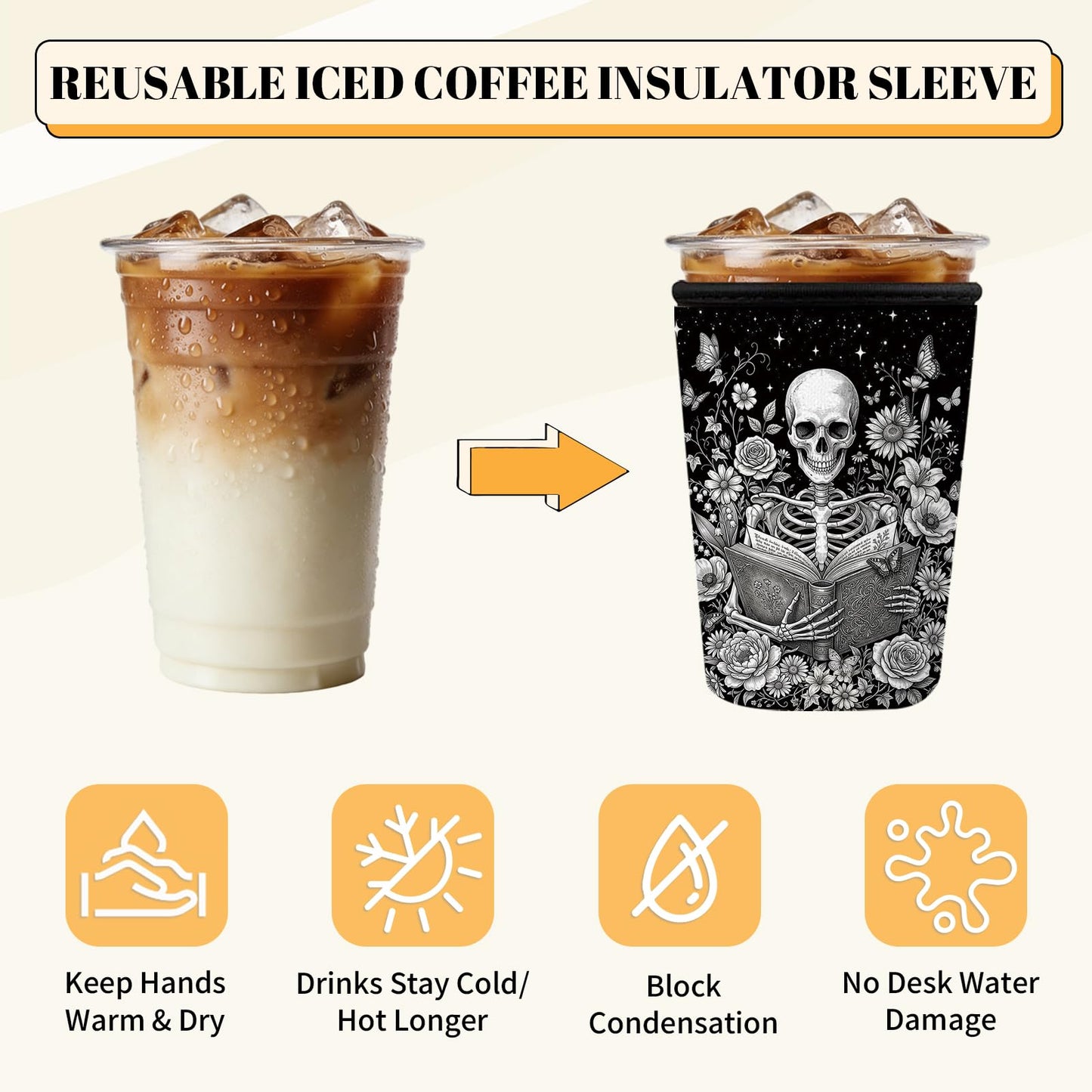 Skeleton Reading Iced Coffee Cup Sleeve 3 Pack, Gothic Floral Reusable Neoprene Holder, Book Lover Gifts for Men Women, Skull Theme Coffee Coolies Sleeves for Iced & Hot Drinks, Ideal Birthday Gift