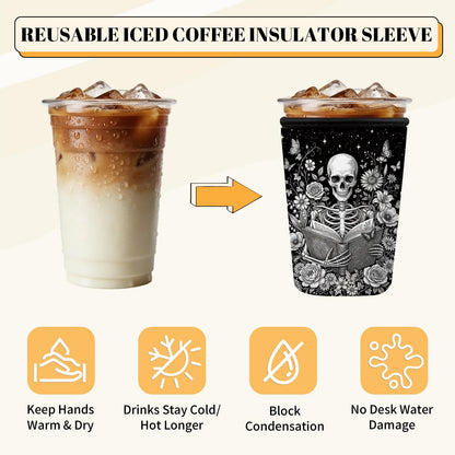 Skeleton Reading Iced Coffee Cup Sleeve 3 Pack, Gothic Floral Reusable Neoprene Holder, Book Lover Gifts for Men Women, Skull Theme Coffee Coolies Sleeves for Iced & Hot Drinks, Ideal Birthday Gift