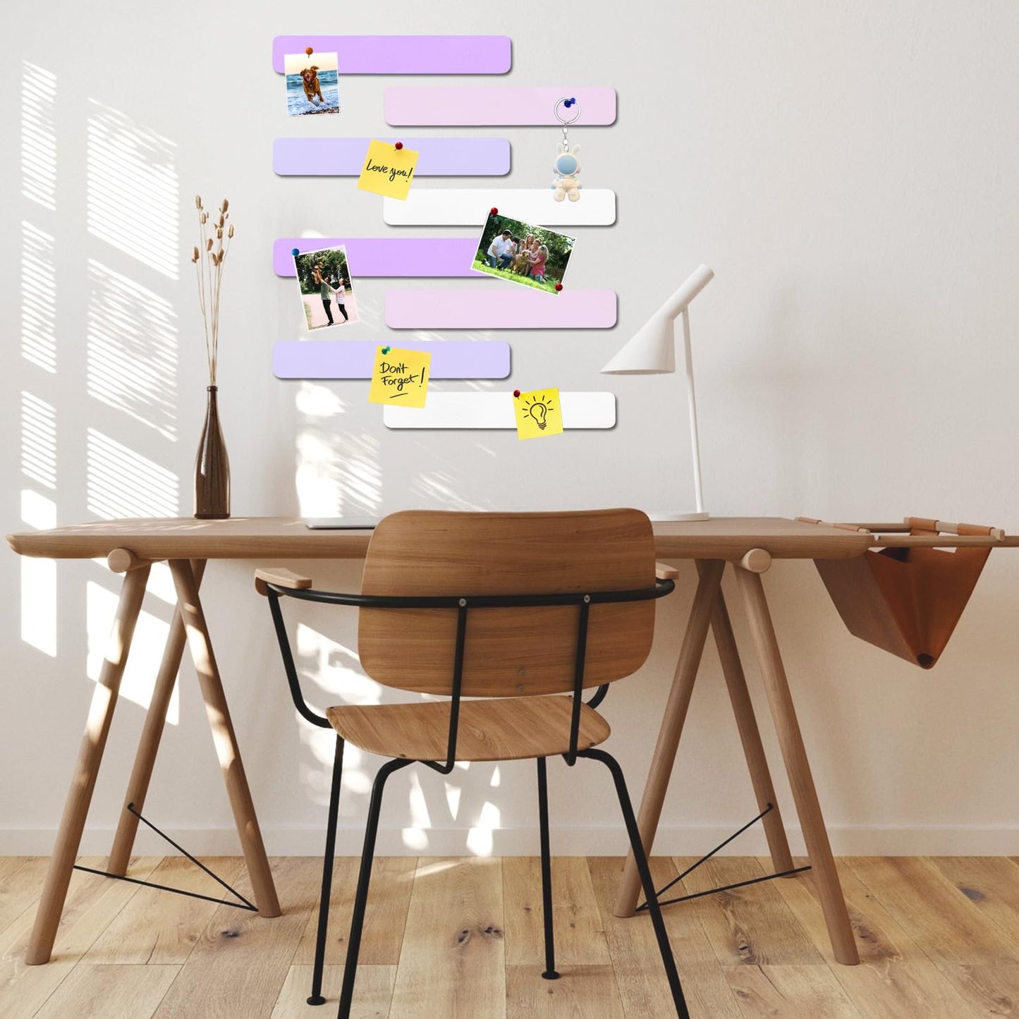 HULAVO 8Pcs Rectangle Felt Cork Board Bar Strips with 35 Pushpins, Self-Adhesive Bulletin Board Strips for Office School Home Wall Decor Stickers Memos Schedules Photos Display -Purple+Pink