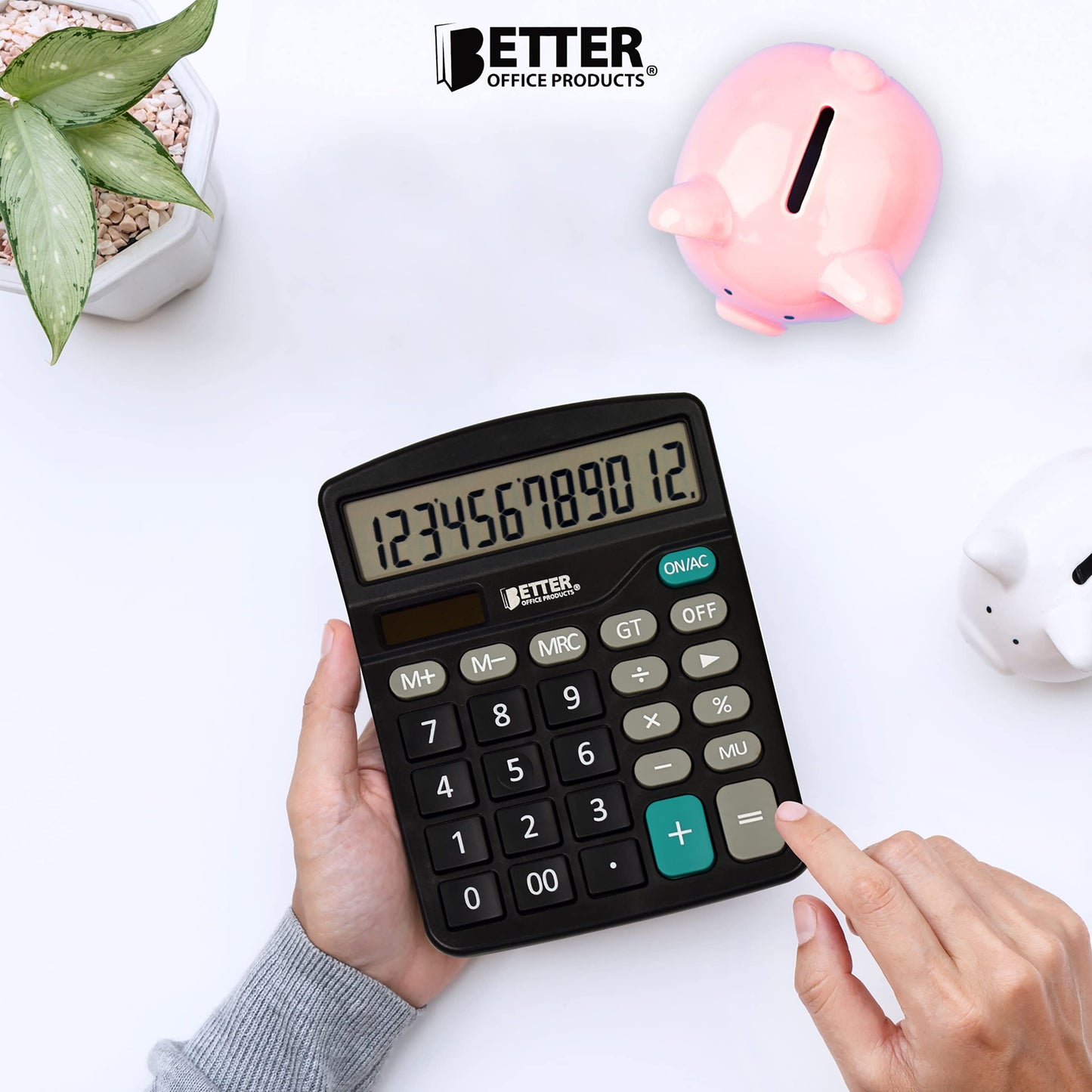 Better Office Products Large Desktop Calculators, 5 Pack, 12-Digit LCD Display, Angled Display Panel, Standard Function, Black, Dual Power with Included AA Battery Power, 5 Pack