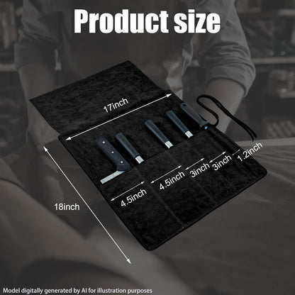 Genuine Leather Knife Roll, Knife Bags for Chefs Professional, Small Chef'S Knife,Knives Holders Protectors with 5 Slots (Black)