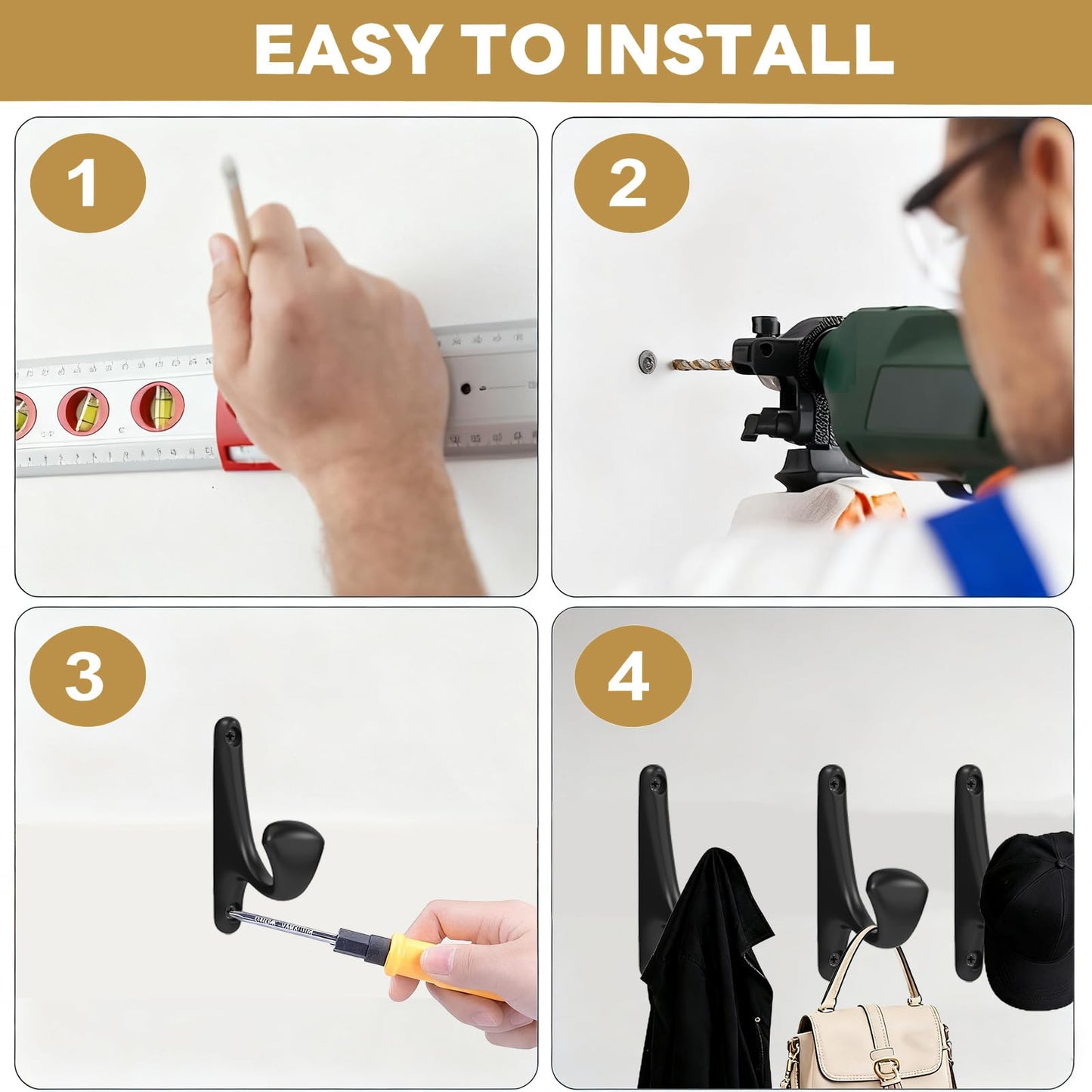 Tebgeag 10 Pack Wall Hooks for Hanging, Heavy Duty Metal Coat Hooks Wall Mount, Easy to Install Black Hooks for Entryway, Bathroom, Towels, Robes, Backpacks(Black)