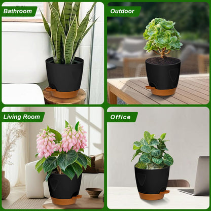 5-Pack Plant Pots with Drainage 7/6.5/6/5.5/5 Inch Self Watering Pots for Indoor Outdoor Plants, Plastic Flower Pots with Drainage Holes and Removable Saucers, Plant Pots with Wicking Rope (Black)
