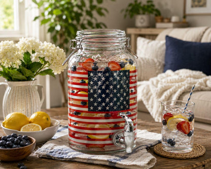 1 Gallon Glass Drink Dispenser with Spigot – 250 anniversary American Flag Beverage Dispenser, Leak-Proof, Airtight Lid, Large Mouth, Perfect for Parties, BBQs, Indoor & Outdoor Use, Hand Wash Only.
