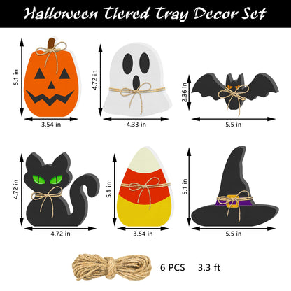 6PCS Halloween Wooden Decor - Halloween Decorations Wooden Signs Include Pumpkin Ghost Bat Black Cat Witch Hat Candy Corn Freestanding Table Signs Tiered Tray Decor for Rustic Farmhouse Home Mantle