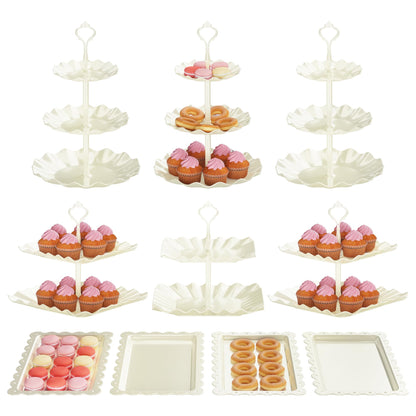 10 Pack Cake Stand Set with 3 x Two-Tier and 3 x Three-Tier Cupcake Stands, Plastic Dessert Table Stand Set 3 Tired Cookie Tray and 4 Pcs Dessert Trays