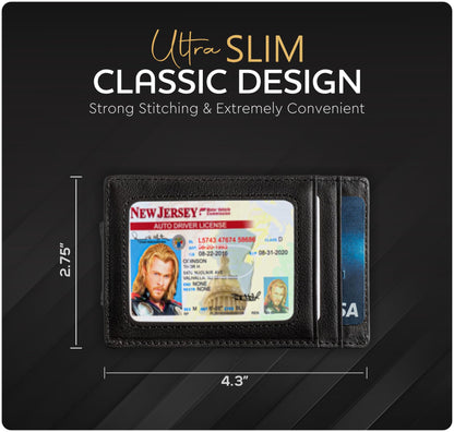 Claasico Men’s Leather Money Clip Wallet – Slim Front Pocket Wallet w/Super Strong Magnetic Clip, RFID Blocking, 5 Card Slots & Center Pocket + ID Window