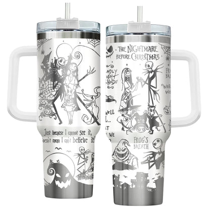 fat mummy Spooky Christmas Tumbler – 40 oz Laser Stainless Steel Mug with Handle – Nightmare Halloween Movie Cup Gifts for Fans of Dark Romance, Birthdays & Holidays