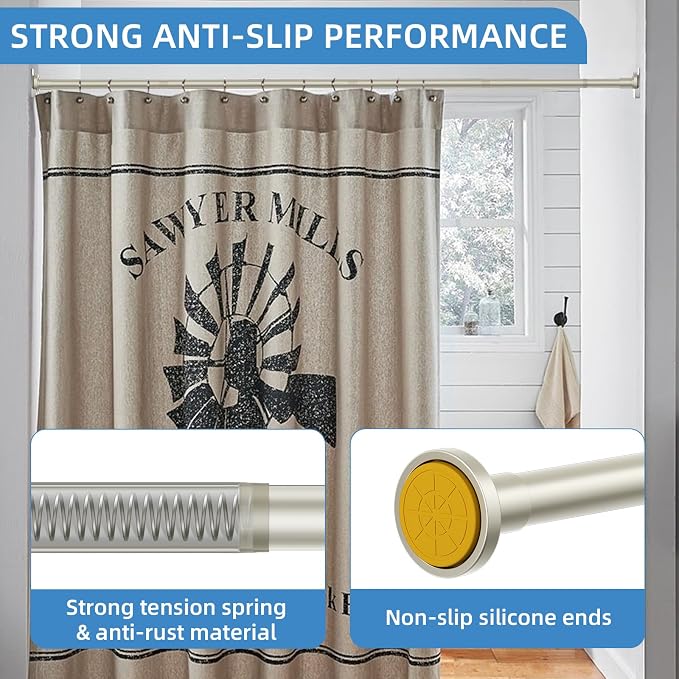 CorkLatta Nickel Shower Curtain Rod,1 Inch Diameter Stainless Steel Adjustable Spring Tension Rods 32 to 92",with Holders,Anti-Slip,Curtain Rods No Drilling(1 Pack)