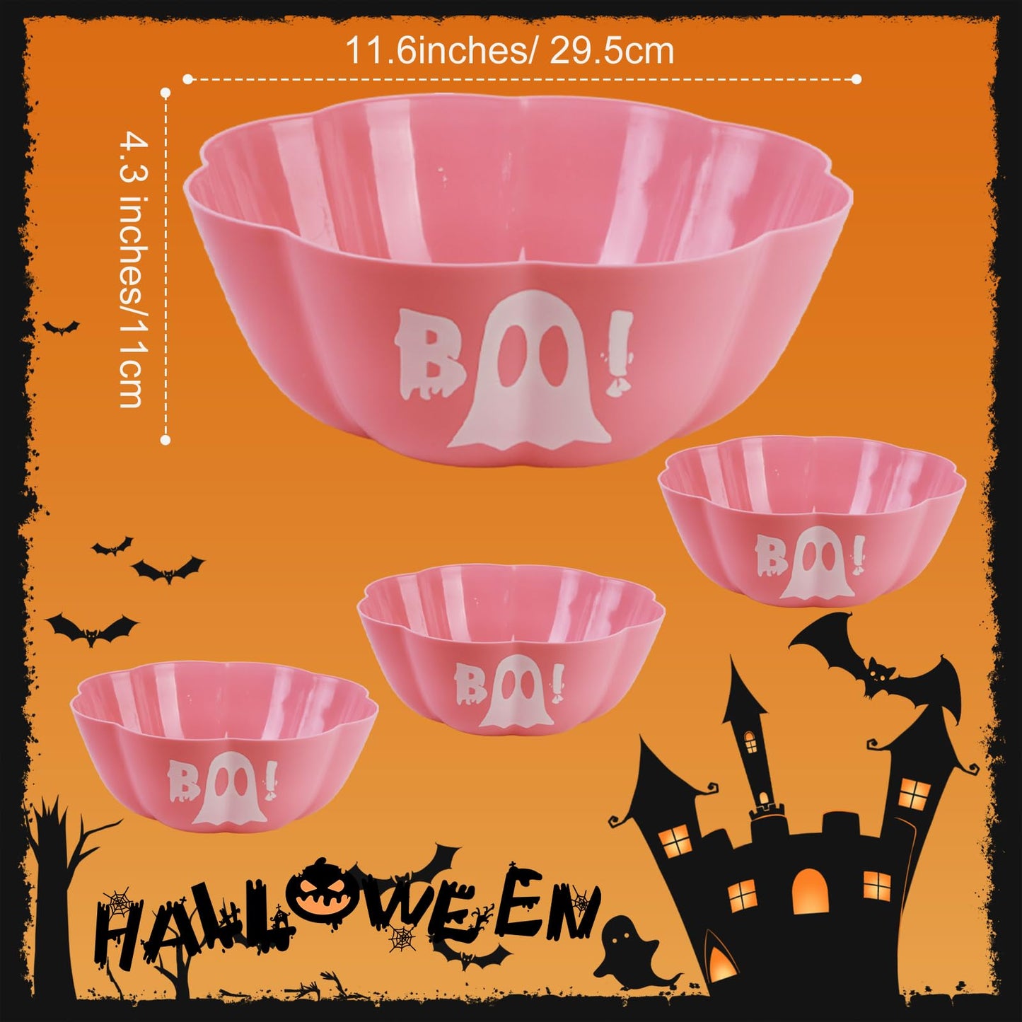 JYXCJL 4 Pcs Large halloween candy bowl Trick or Treat Candy Bowl 11.6x4.3 Inch Reusable Plastic Pumpkin Bowl for Halloween Party Decor Supplies (Pink)
