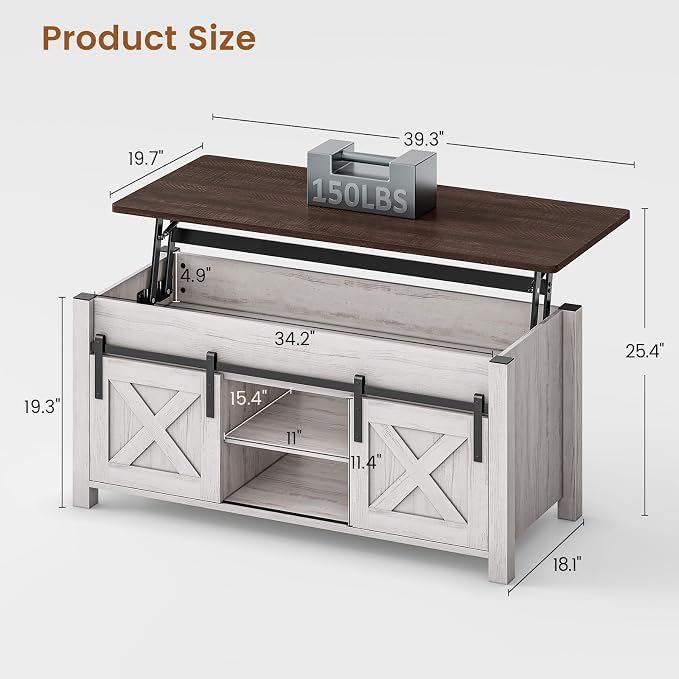 SEDETA Lift Top Coffee Table, Farmhouse Lift Tabletop Dining Table, Gas Spring, Hidden Compartment, Open Storage Shelf, for Living Room, Vintage White