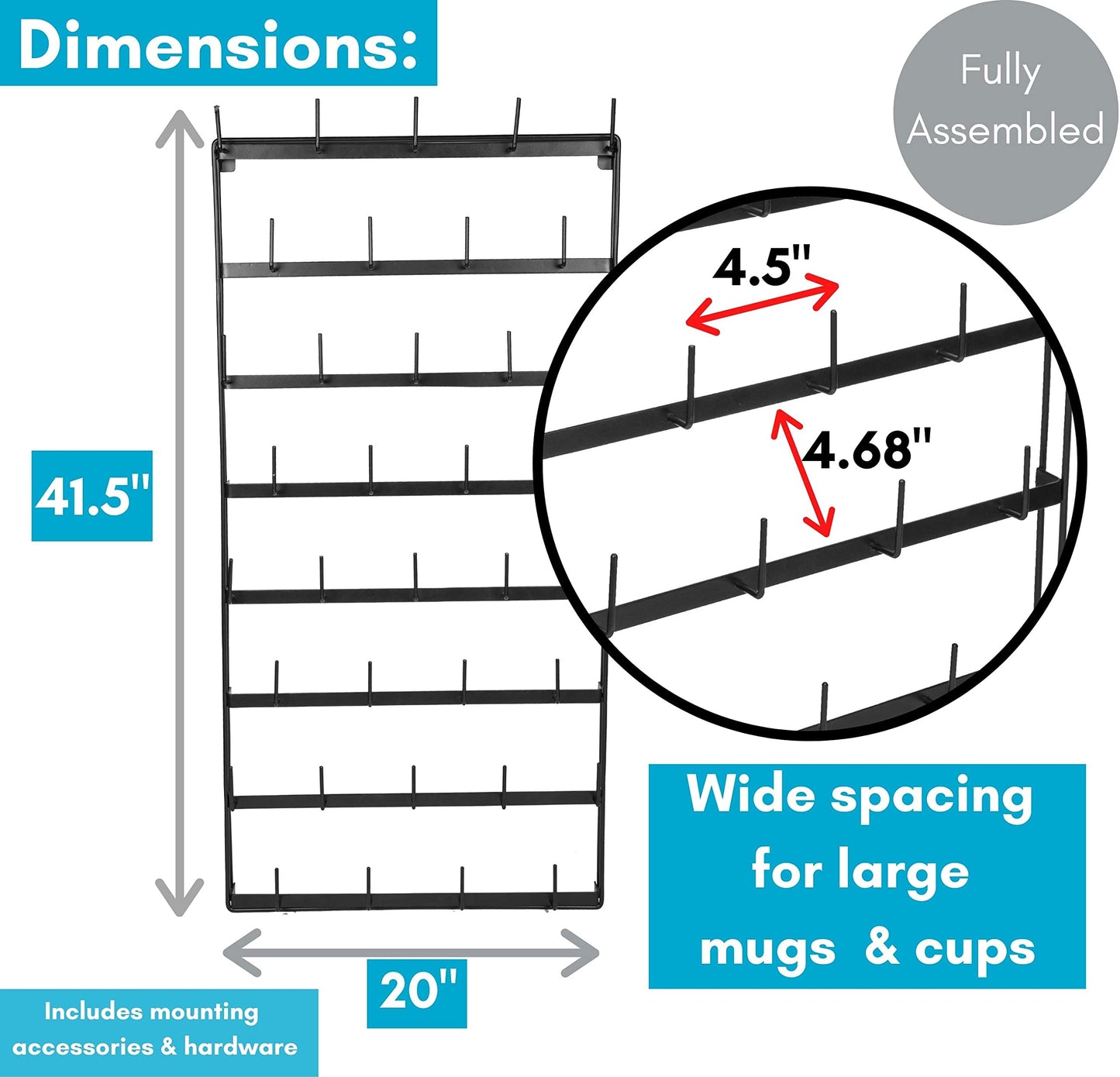 BIRDROCK HOME 36 Peg Coffee Mug Organizer Wall - 8 Tier Wall Mounted Coffee Mug Holder - Tea Cup Display Shelf Wall Mounted - Heavy Duty Decorative Kitchen Bar Organizer Flat Metal Steel Rack - Black