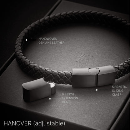Forge & Foundry Men's Genuine Interwoven Leather Braided Bracelet with Matte Black Custom Engraved Stainless Steel Clasp | “Hanover” | Artist Collaboration Design | Medium Adjustable