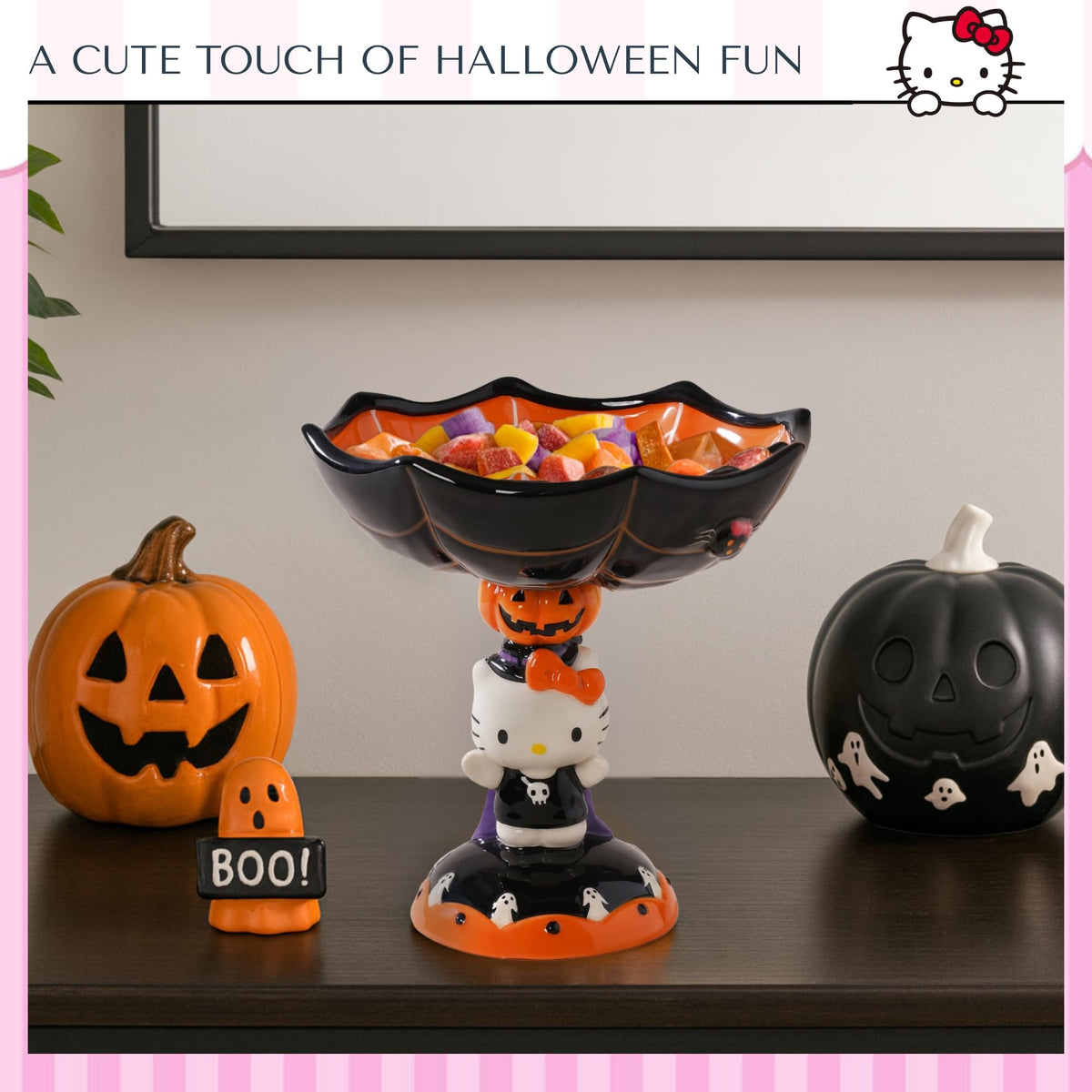Blue Sky Clayworks HELLO KITTY Spider Web Pedestal Candy Bowl, Ceramic 8" L x 8" W x 9" H, Halloween Party Centerpiece