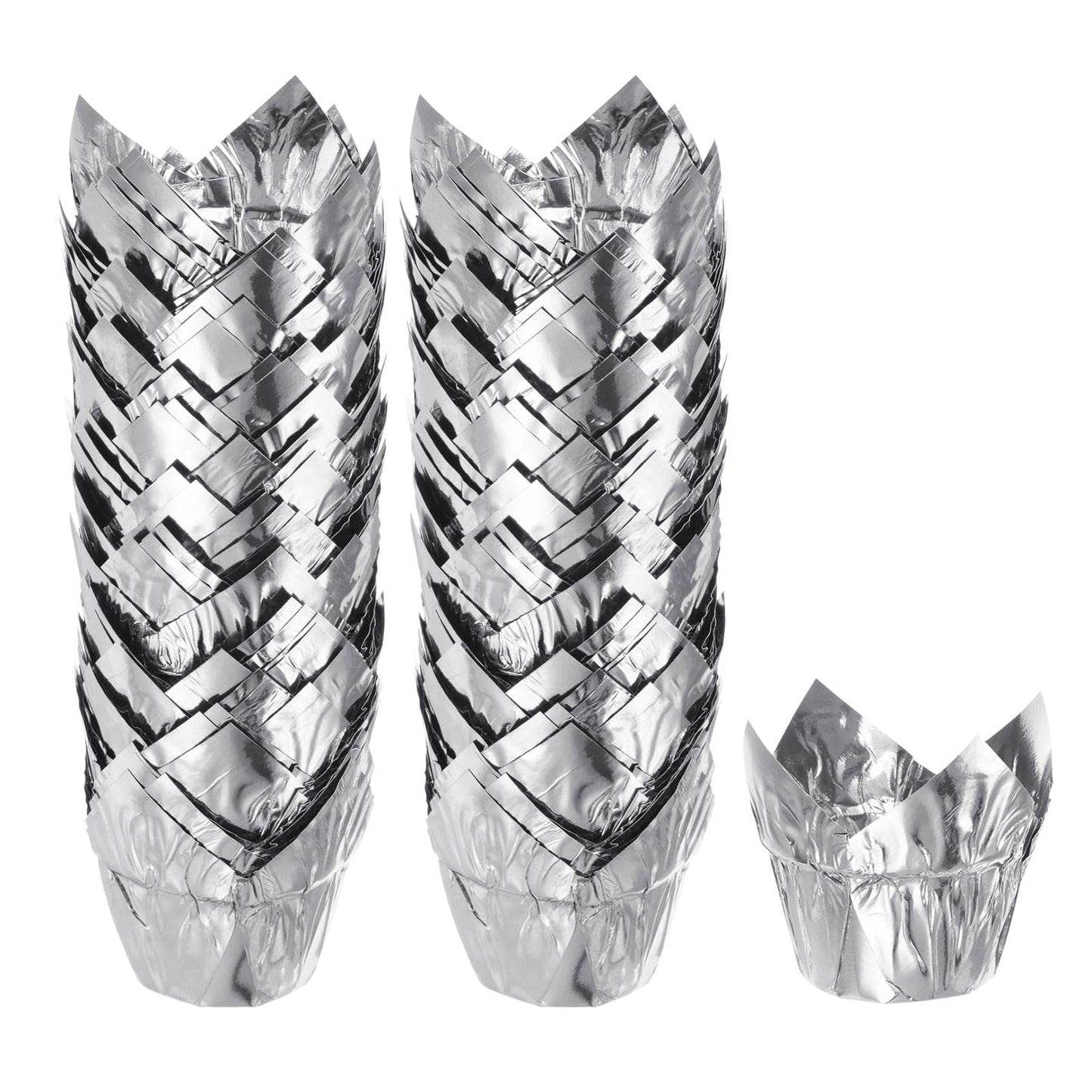 HARFINGTON 100Pcs Tulip Cupcake Liners Standard Aluminum Foil Baking Cups Greaseproof Wrappers Disposable for Birthday Banquets Party, Silver Tone