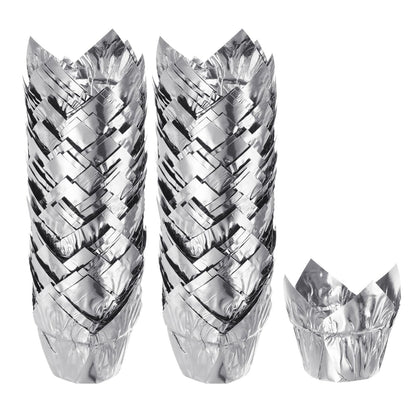 HARFINGTON 100Pcs Tulip Cupcake Liners Standard Aluminum Foil Baking Cups Greaseproof Wrappers Disposable for Birthday Banquets Party, Silver Tone