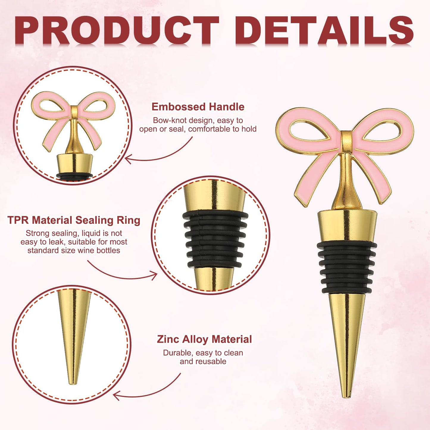 uxcell 2 Pcs Bow Wine Stopper, Reusable Wine Stoppers Airtight Leak-proof Bottle Plugs Liquor Saver Beer Beverage Glass Bottles Stopper for Bar Holiday Party Home Decor, Gold-Pink