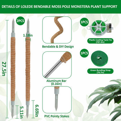 LOLEDE 4 Pack Moss Pole, 27.5 Inches Bendable Coco Coir Poles Monstera Plant Support for Climbing Indoor Plants, DIY Plant Stakes Kit Support for Pothos, Philodendron,Potted Plants