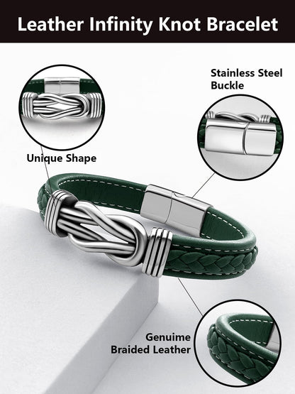 Oaldilee Mens Braided Leather Bracelet, Green Wax Rope Braided Leather Infinity Knot Bracelets for Men with Steel Clasp, 7.5in Length
