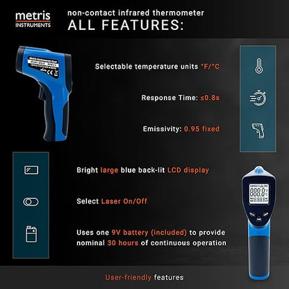 Metris Digital Infrared Thermometer for Aquarium Fish Tank, Reptile, Snake, Terrarium Accessories, Automotive, Laser Temperature Gun with 1-Point Aiming, MMM-2